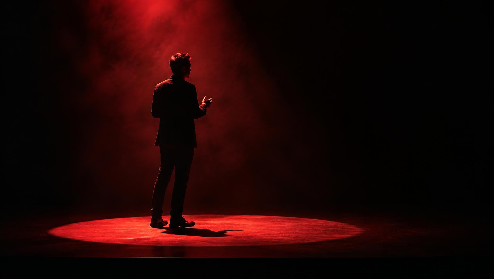 A lone speaker under a red spotlight on a dark stage